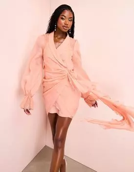 Абрикосовое шифоновое платье мини с запахом и оборками ASOS