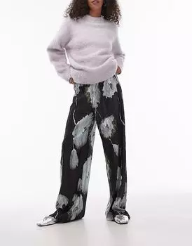 Абстрактные цветочные плиссе широкие брюки черного цвета Topshop