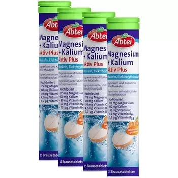 Abtei Магний + Калий Актив Плюс Добавка для мышц и электролитов - Высокая доза - Вкус кроваво-апельсинового цвета 15 шипучих таблеток