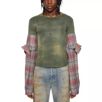 Acne Studios Футболка в клетку с круглым вырезом и длинными рукавами, женская, бирюзового цвета