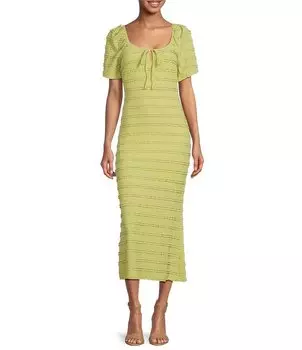 Adelyn Rae Платье миди эластичной фактуры с круглым вырезом и короткими рукавами, зеленый