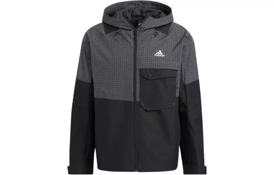 Ветровка мужская Adidas комбинированная в клетку, черно-серый