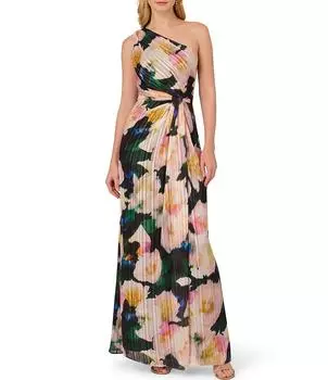 Adrianna Papell Атласное платье с цветочным принтом металлик на одно плечо без рукавов и закрученной талией, мультиколор