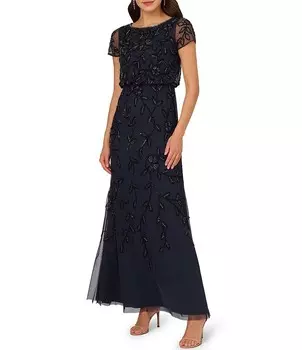 Adrianna Papell Блузонное платье миниатюрного размера с короткими рукавами и вырезом лодочкой из бисера, синий