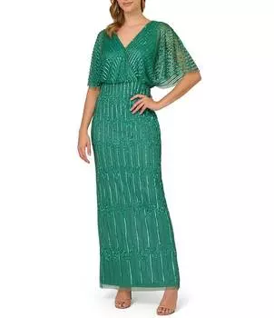 Adrianna Papell Блузонное платье с короткими развевающимися рукавами и V-образным вырезом из бисера, зеленый