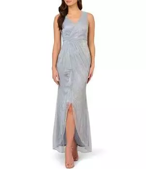 Adrianna Papell Каскадное платье без рукавов из металлизированной сетки, синий