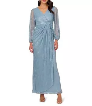 Adrianna Papell Металлизированное платье с длинными рукавами и V-образным вырезом, складками и драпировкой, синий