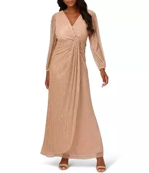 Adrianna Papell Металлизированное платье с длинными рукавами и V-образным вырезом, складками и драпировкой, золотой