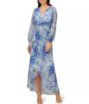 Adrianna Papell Платье с V-образным вырезом и длинными рукавами с принтом и искусственным запахом, синий