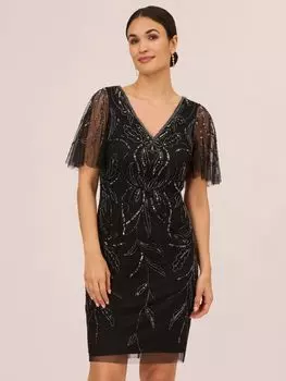 Adrianna Papell Studio Короткое платье с V-образным вырезом и бисером, черный/металлический