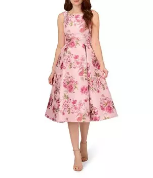 Adrianna Papell Жаккардовое платье миди без рукавов с расклешенным вырезом и цветочным принтом, розовый