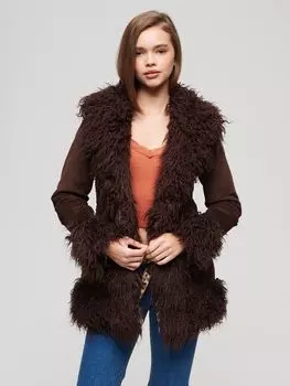 Афганское пальто на подкладке из искусственного меха Superdry, темно-коричневый шнур