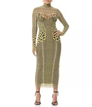 AFRM Сетчатое платье миди с высоким воротником и длинными рукавами Shailene с принтом, желтый