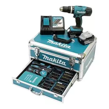 Аккумуляторная ударная дрель Makita 18 В 3,0 Ач в алюминиевом кейсе, включая 96 шт. Набор аксессуаров DHP453RFX2