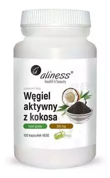 Активированный уголь из кокоса Food Grade 300 мг Aliness, 100 растительных капсул.