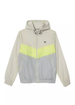 Активное светло-серое мужское пальто с капюшоном и цветными блоками Lacoste