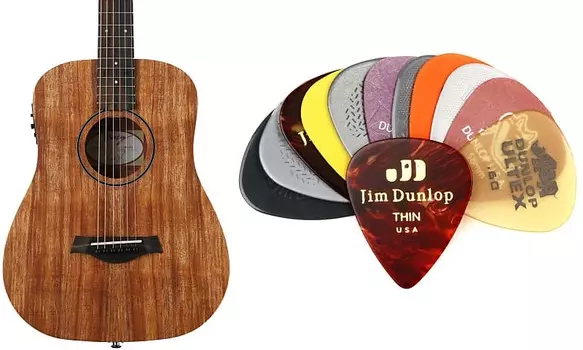 Акустическая электрогитара Taylor Baby Taylor BTe-Koa — комплект Natural Koa с разнообразным набором гитарных медиаторов Dunlop PVP101 — светлый/средний Taylor + Dunlop FB01005016001751000=1 PVP101=1