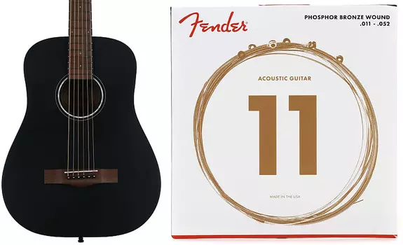 Акустическая гитара Fender FA-15 3/4 Scale Steel — черный комплект со струнами для акустической гитары Fender 60CL из фосфористой бронзы — .011–.052 Custom Light 0971170106=1 0730060405=1