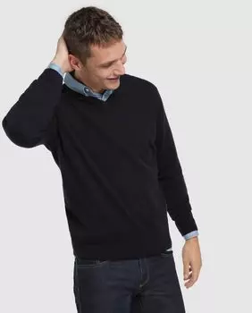 Alan Paine Синий свитер из 100% кашемировой шерсти с V-образным вырезом Alan Paine, темно-синий