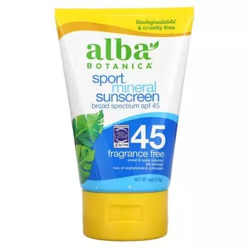 Alba Botanica, Sport, минеральный солнцезащитный крем, SPF 45, без отдушек, 113 г (4 унции)