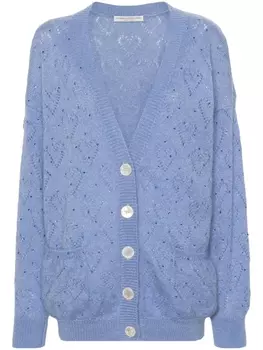 Alessandra Rich ажурный кардиган со стразами, синий
