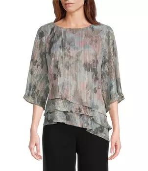 Alex Evenings Асимметричная блузка с трехъярусным подолом и рукавом 3/4 с круглым вырезом для миниатюрных размеров, серебро