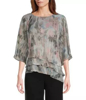 Alex Evenings Асимметричная шифоновая блузка с трехъярусным подолом и круглым вырезом с рукавами 3/4 и принтом, серый