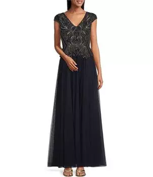 Alex Evenings Бальное платье из тюля с бисером и V-образным вырезом и лифом, синий