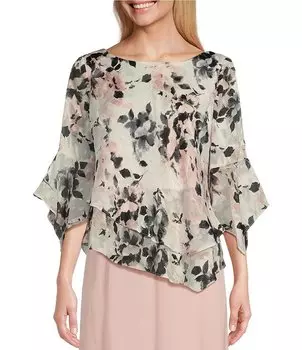 Alex Evenings Petite Size Шифоновая блузка с цветочным принтом и рукавами 3/4 с вырезом лодочкой и асимметричным многоуровневым подолом, цветочный