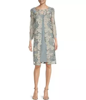 Alex Evenings Платье-жакет с круглым вырезом и цветочной вышивкой, рукавами 3/4, синий