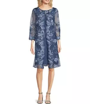 Alex Evenings Платье-жакет с круглым вырезом и цветочной вышивкой, рукавами 3/4, синий