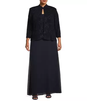 Alex Evenings плюс размер с круглым вырезом и рукавами 3/4, жаккардовое платье с блестками и шифоновой юбкой, комплект из 2 предметов, синий