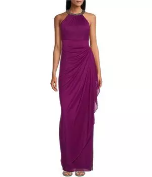 Alex Evenings Сетчатое платье без рукавов с бисером и бретелькой на шее, каскадными рюшами, розовый