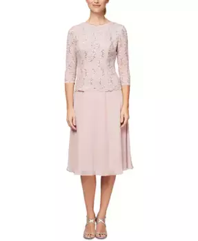 Алекс S Платье миди с кружевом и контрастными пайетками Alex Evenings, розовый