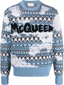 Alexander McQueen джемпер с орнаментом и логотипом, синий
