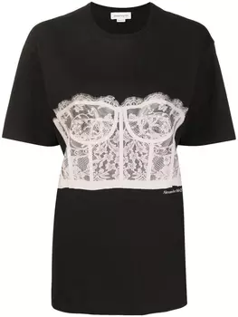 Alexander McQueen футболка с кружевной вставкой-корсетом, черный