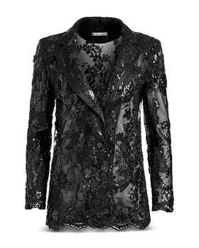 Alice and Olivia Джудит Прозрачный кружевной блейзер с вырезом на воротнике и украшением, черный