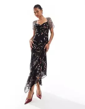 All Черное чайное платье макси Saints Leah с микс-принтом AllSaints