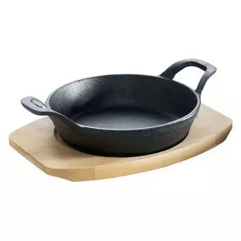All'Grill ALL'GRILL чугунная сервировочная сковорода и деревянная подставка 12 см, круглая черная ALLGRILL