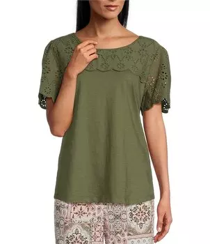 Allison Daley Petite Size Вязаный топ с короткими рукавами и круглым вырезом с люверсами, зеленый