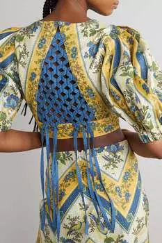 ALMAIS укороченный льняной топ Quinn с завязками и принтом, синий