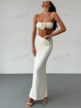 Aloruh 2 шт./компл. Топ без бретелек с цветочным принтом + длинная юбка с цветочным принтом, персиковый цвет, пляжный наряд для женщин Shein, абрикосовый