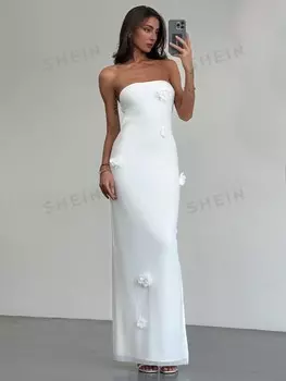 Aloruh, Отличный наряд для свадебных дней и праздников, ткань сетка, цветы, белый, приталенный, в пол, для женщин Shein, белый