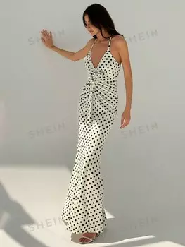 Aloruh Весна/Лето Элегантное и уникальное платье-русалка с 3D-цветочным принтом в горошек и глубоким вырезом без рукавов и открытой спиной Shein, черно-белый