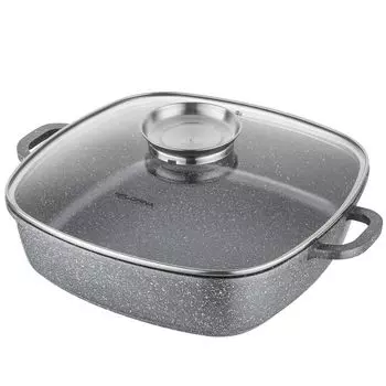 Алюминиевая форма для запекания FLORINA 3,5 л l Квадратная жаровня LAVA со стеклянной крышкой и ручками l Можно использовать в духовке l С ароматизатором l Не содержит ПФОК, кадмия и свинца l Идеально подходит для всех типов плит, серый