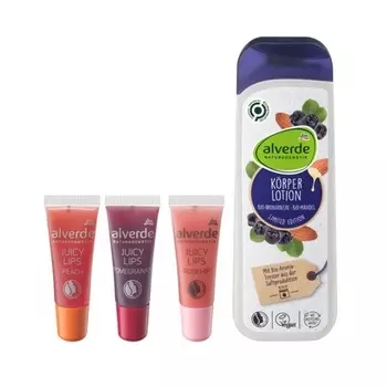 Alverde Naturkosmetik Body & Juicy Lips Набор для ухода за губами: персиковый блеск для губ 8 мл, гранатовый блеск для губ 8 мл, блеск для губ шиповника 8 мл, лосьон для тела с маслом ши и миндалем аронии 250 мл