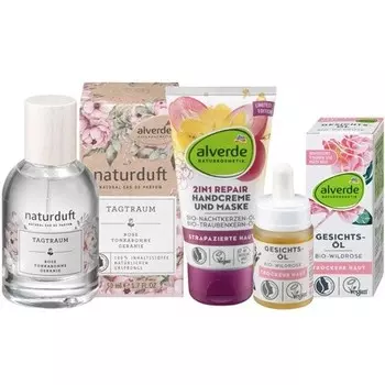 Alverde NATURKOSMETIK Skin Care Set: Daydream Eau de Parfum with 100% Natural Fragrance Essences 50ml + 2in1 REPAIR Hand Cream 75ml + WILDROSE Face Oil 15ml