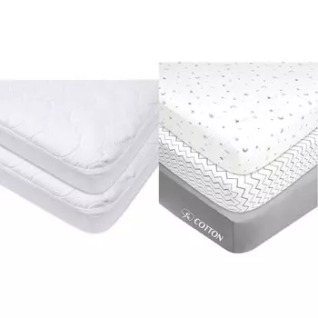 American Baby Company: 2 упаковки водонепроницаемых накладных чехлов для кроватки и матраса для малышей и 3 упаковки мини-простыни для кроватки размером 24 x 38 дюймов, мягкий дышащий нейтральный 100 % хлопок, White - Crib - 2 Count