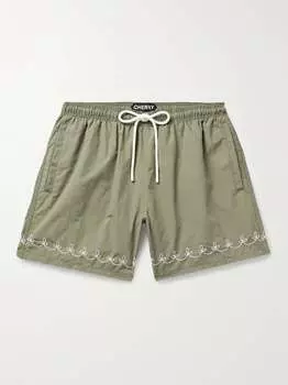 Американские классические прямые шорты средней длины с вышивкой для плавания Cherry La, зеленый