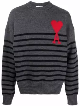 AMI Paris полосатый джемпер с монограммой Ami de Coeur, серый